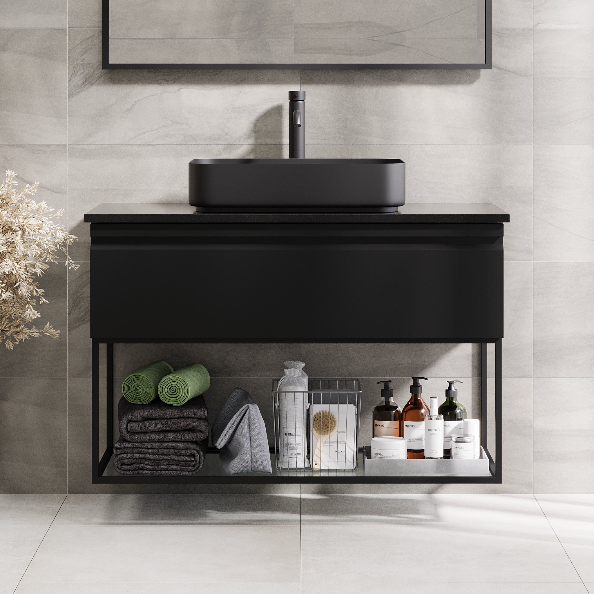 Kvitfjell Compact Bathroom Furniture with Black Quartz Countertop, Matte Black