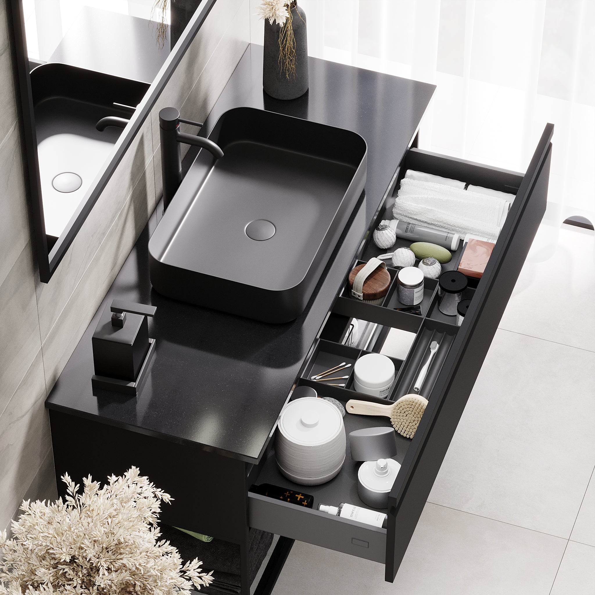 Kvitfjell Compact Bathroom Furniture with Black Quartz Countertop, Matte Black